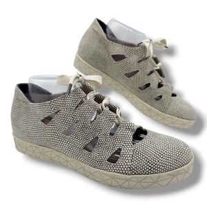 BeautiFeel Women's Lace Up Wedge Sneakers Beige Dot Cutout Leather Size 42